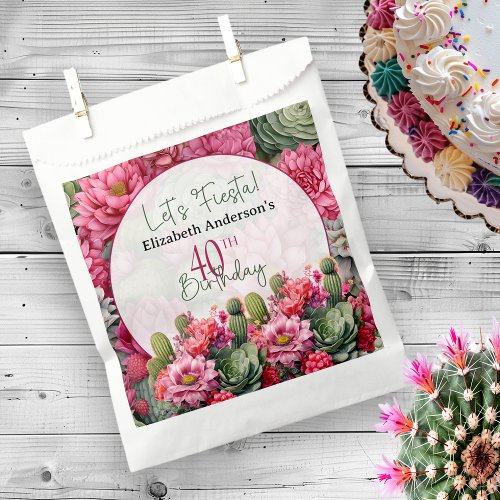 Lets Fiesta Pink Flower Cactus 40th Birthday Favor Bag