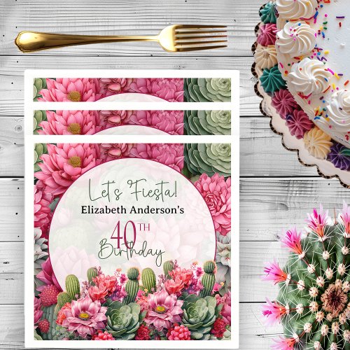 Lets Fiesta Pink Flower Cactus 40th Birthday Napkins