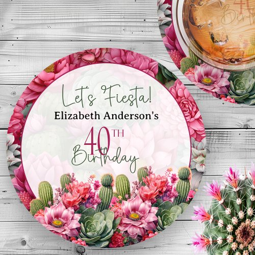 Lets Fiesta Pink Flower Cactus 40th Birthday Round Paper Coaster