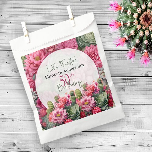 Lets Fiesta Pink Flower Cactus 50th Birthday Favor Bag