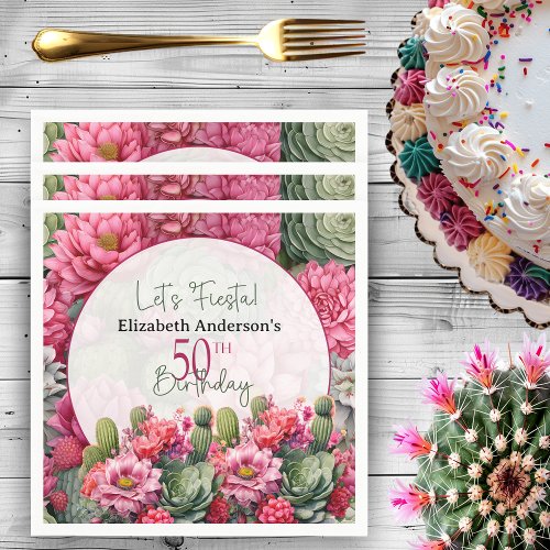 Lets Fiesta Pink Flower Cactus 50th Birthday Napkins