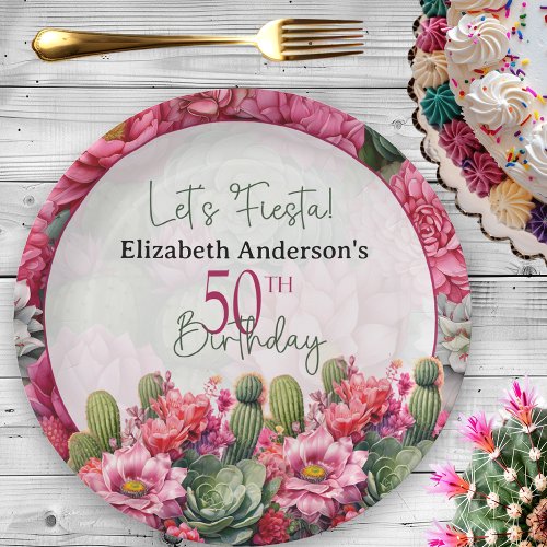 Lets Fiesta Pink Flower Cactus 50th Birthday Paper Plates