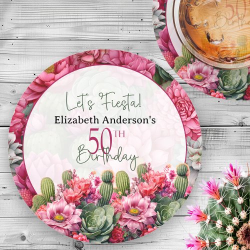 Lets Fiesta Pink Flower Cactus 50th Birthday Round Paper Coaster