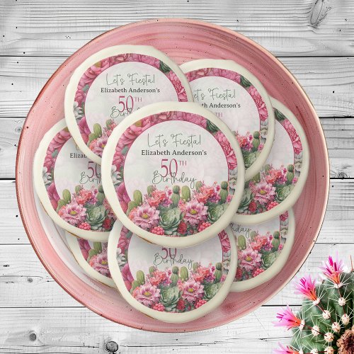 Lets Fiesta Pink Flower Cactus 50th Birthday Sugar Cookie