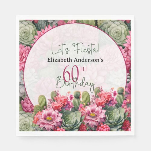 Lets Fiesta Pink Flower Cactus 60th Birthday Napkins