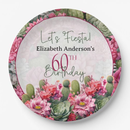 Lets Fiesta Pink Flower Cactus 60th Birthday Paper Plates