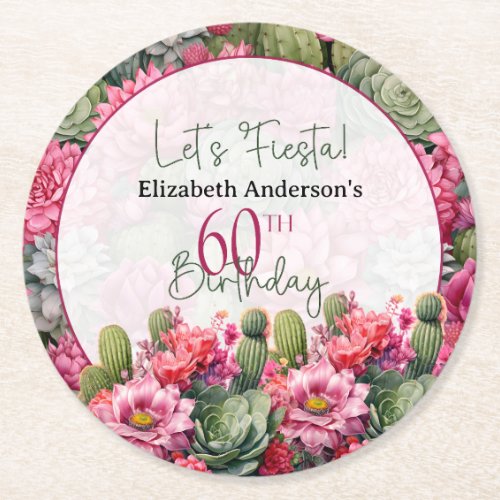 Lets Fiesta Pink Flower Cactus 60th Birthday Round Paper Coaster