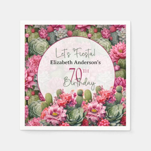 Lets Fiesta Pink Flower Cactus 70th Birthday Napkins