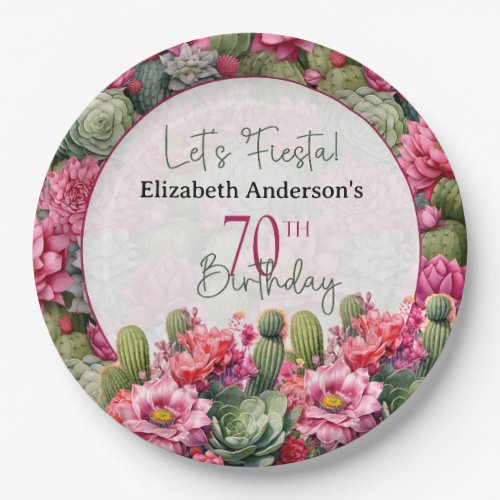 Lets Fiesta Pink Flower Cactus 70th Birthday Paper Plates