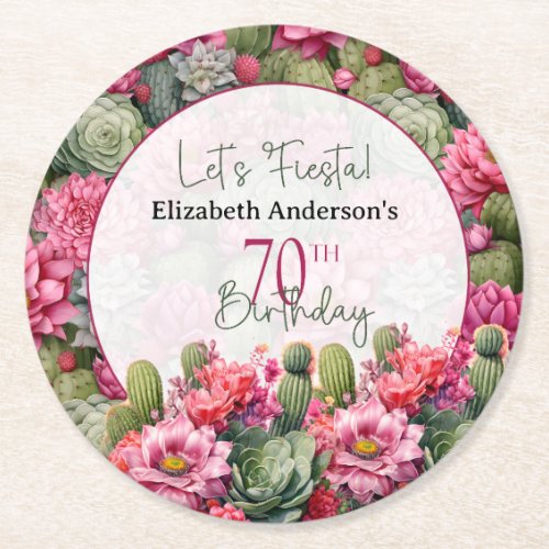 Lets Fiesta Pink Flower Cactus 70th Birthday Round Paper Coaster