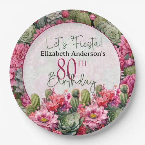 Lets Fiesta Pink Flower Cactus 80th Birthday Paper Plates