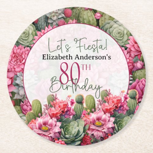 Lets Fiesta Pink Flower Cactus 80th Birthday Round Paper Coaster