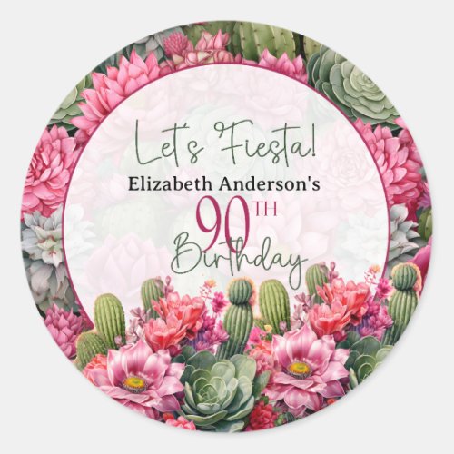Lets Fiesta Pink Flower Cactus 90th Birthday Classic Round Sticker