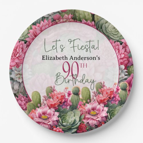 Lets Fiesta Pink Flower Cactus 90th Birthday Paper Plates