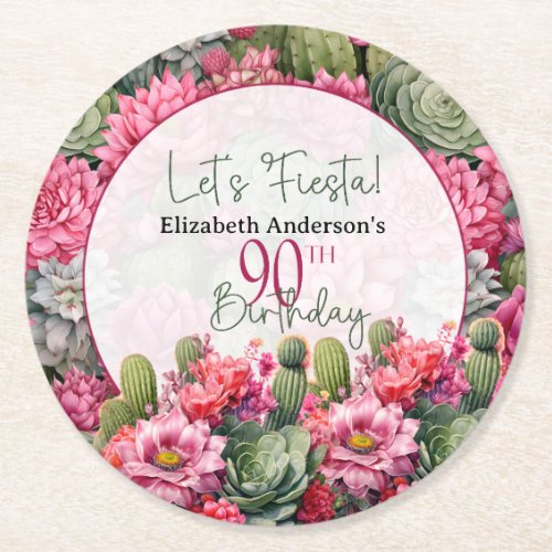 Lets Fiesta Pink Flower Cactus 90th Birthday Round Paper Coaster