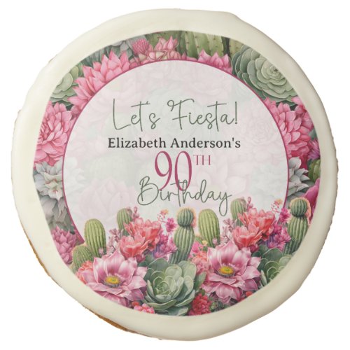 Lets Fiesta Pink Flower Cactus 90th Birthday Sugar Cookie
