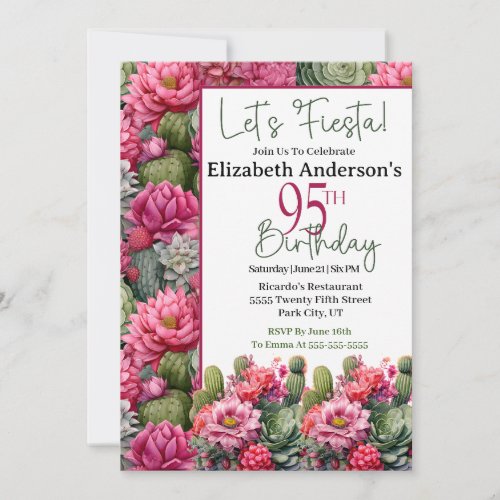 Lets Fiesta Pink Flower Cactus 95th Birthday Invitation