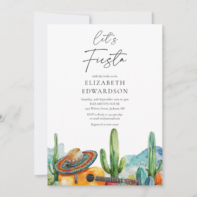 Let's Fiesta Watercolor Cactus Bridal Shower Invitation (Front)