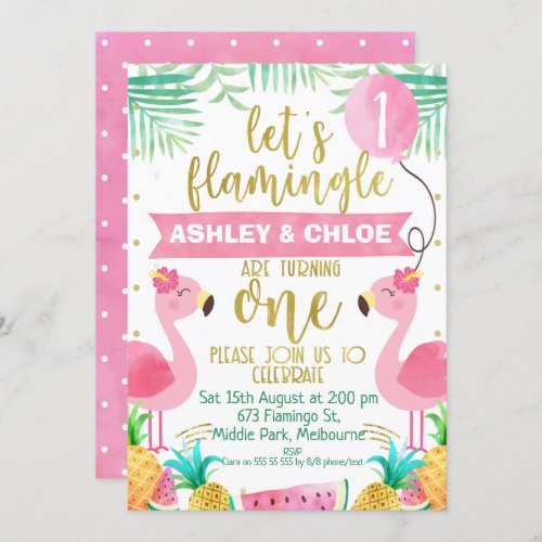 Lets Flamingle 1st Birthday Invitation For Twins