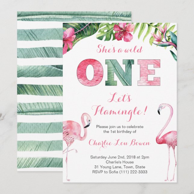 Let's Flamingle 1st Birthday Invitations for Girl (Front/Back)