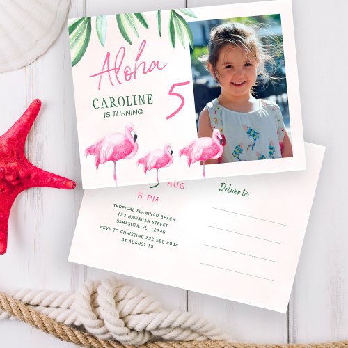 Lets flamingle aloha tropical PHOTO birthday party Invitation Postcard