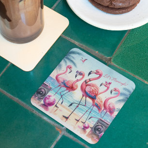 Let's Flamingle Beach Birthday Bash Square Paper Coaster
