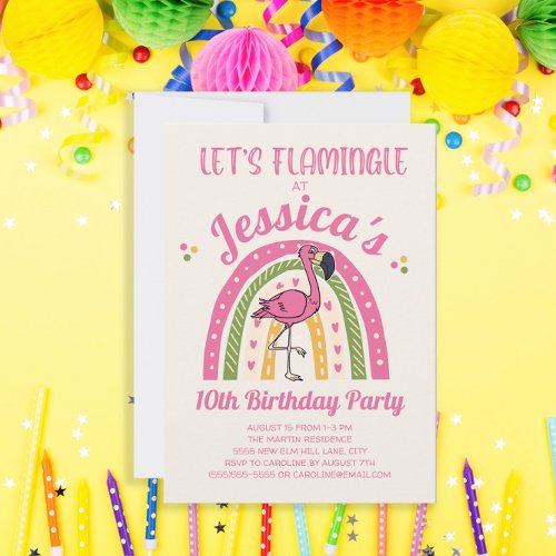 Lets Flamingle Flamingo Rainbow Girls Birthday  Invitation