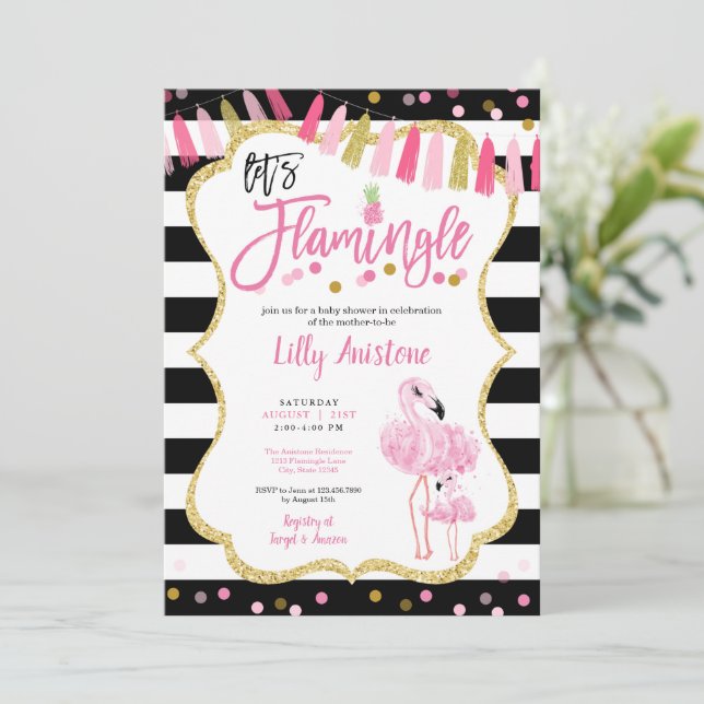 Let's Flamingle Flamingo Watercolor Baby Shower Invitation (Standing Front)