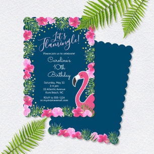 Let's Flamingle Navy Blue Tropical Floral Birthday Invitation