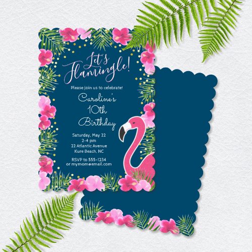 Lets Flamingle Navy Blue Tropical Floral Birthday Invitation