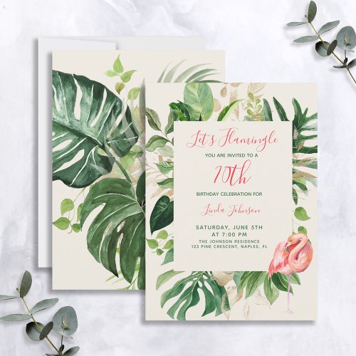 Lets Flamingle Pink 70th Tropical Birthday Party Invitation
