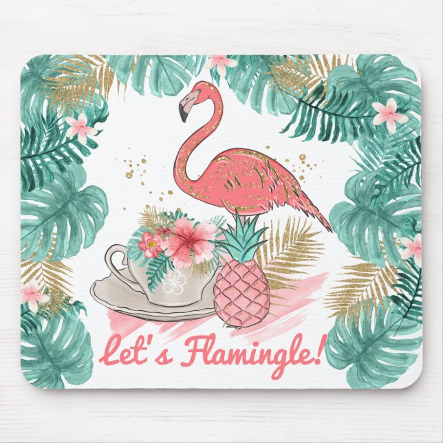 Lets Flamingle  Pink and Gold Glitter Flamingo Mouse Pad (Front)