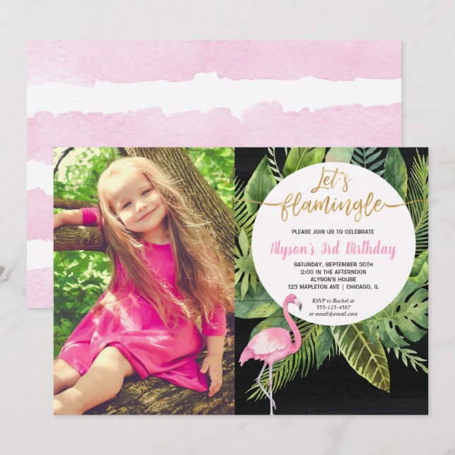 Let's flamingle pink gold Flamingo birthday photo Invitation (Front/Back)