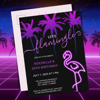 Let's Flamingle Pink Neon Flamingo 30th Birthday I Invitation Postcard