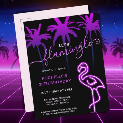 Lets Flamingle Pink Neon Flamingo 30th Birthday I Invitation Postcard