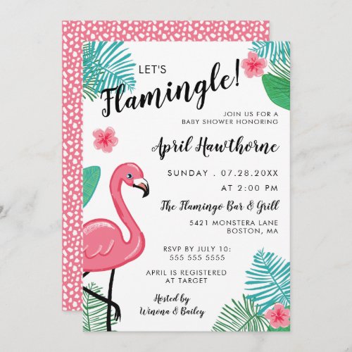 Lets Flamingle Pink White Tropical Baby Shower Invitation