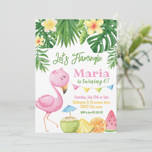 Let's Flamingle Tropical Flamingo Birthday Invitation (Standing Front)