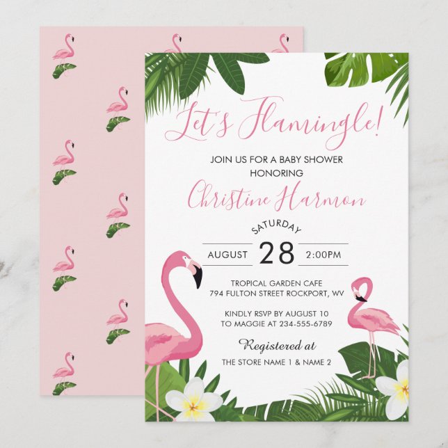 Let's Flamingle Tropical Pink Flamingo Baby Shower Invitation (Front/Back)