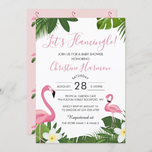 Lets Flamingle Tropical Pink Flamingo Baby Shower Invitation