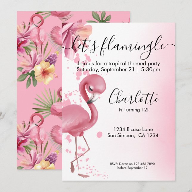 Lets Flamingle Tropical Pink Flamingo Birthday Invitation (Front/Back)