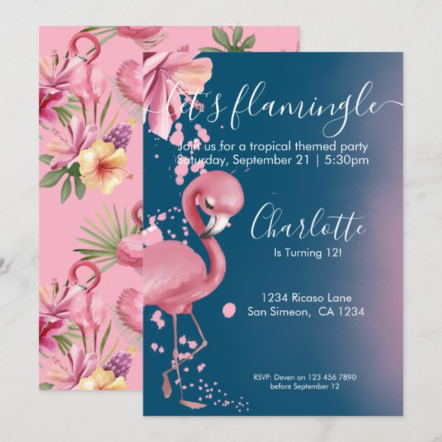 Lets Flamingle Tropical Pink Flamingo Birthday Invitation (Front/Back)