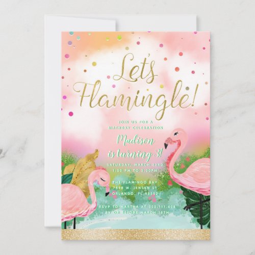 Lets Flamingle Tropical Pink Flamingos Invitation