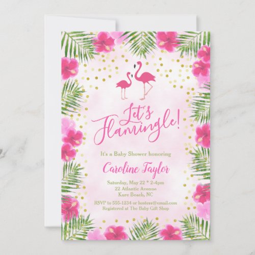 Lets Flamingle Tropical Pink Floral Baby Shower Invitation