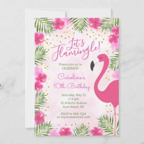 Lets Flamingle Tropical Pink Floral Birthday Invitation