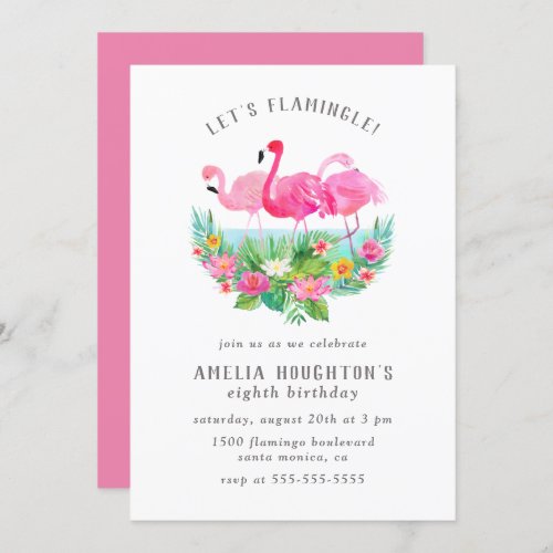 Lets Flamingle Watercolor Flamingo Birthday Party Invitation