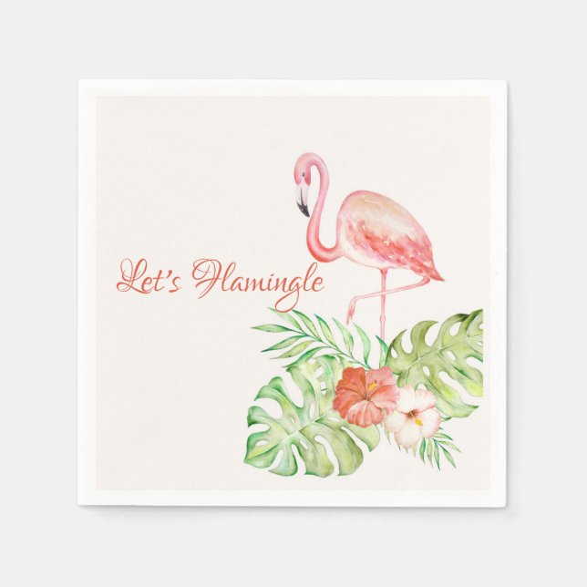 Let's Flamingle Watercolor Tropical and Gold Napkins (Front)