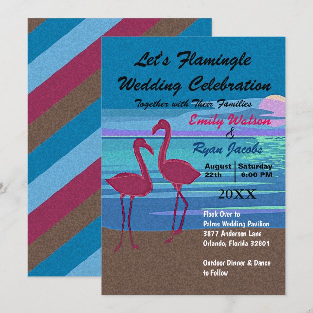 Let's Flamingle Wedding Celebration Beach at Dusk Invitation (Front/Back)