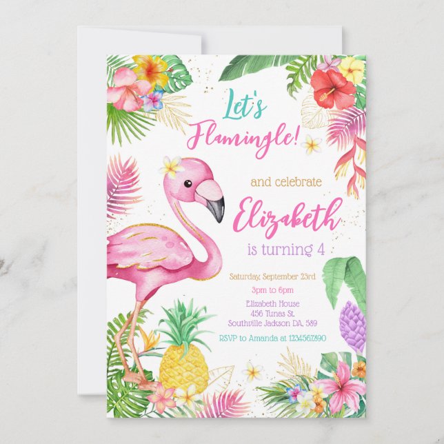 Let's Flamingo Flamingle Tropical Birthday  Invitation (Front)