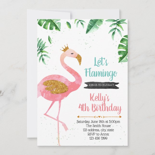 Lets flamingo party birthday invitation (Front)