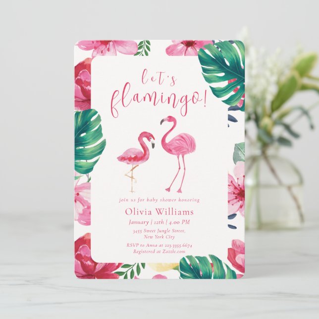 Let's Flamingo Tropical Floral Pattern Baby Shower Invitation (Standing Front)